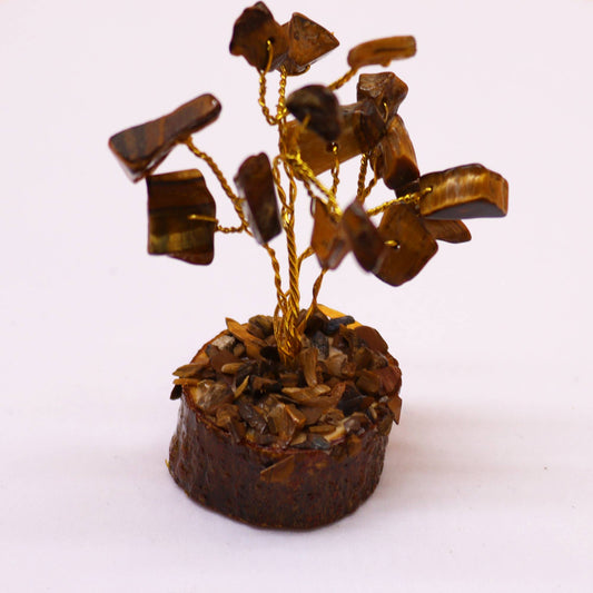 Mini Tiger's Eye crystal tree on natural wood base – 6cm high with 15 healing crystals