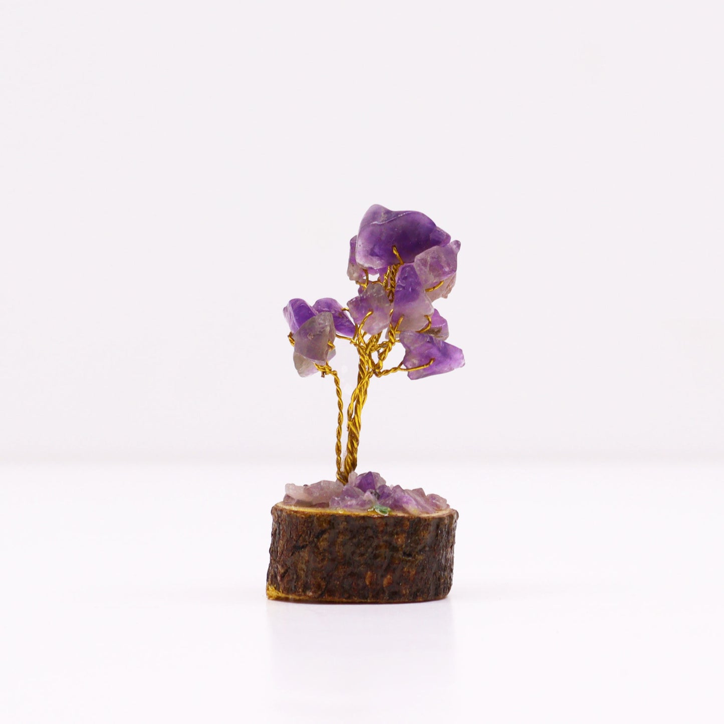Mini Amethyst crystal tree on natural wood base – 6cm high with 15 healing crystals
