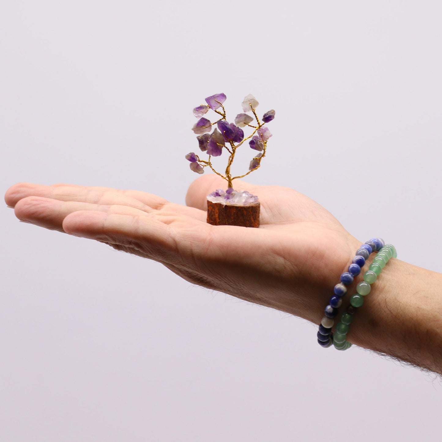Mini Amethyst crystal tree on natural wood base – 6cm high with 15 healing crystals