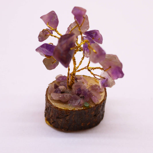 Mini Amethyst crystal tree on natural wood base – 6cm high with 15 healing crystals