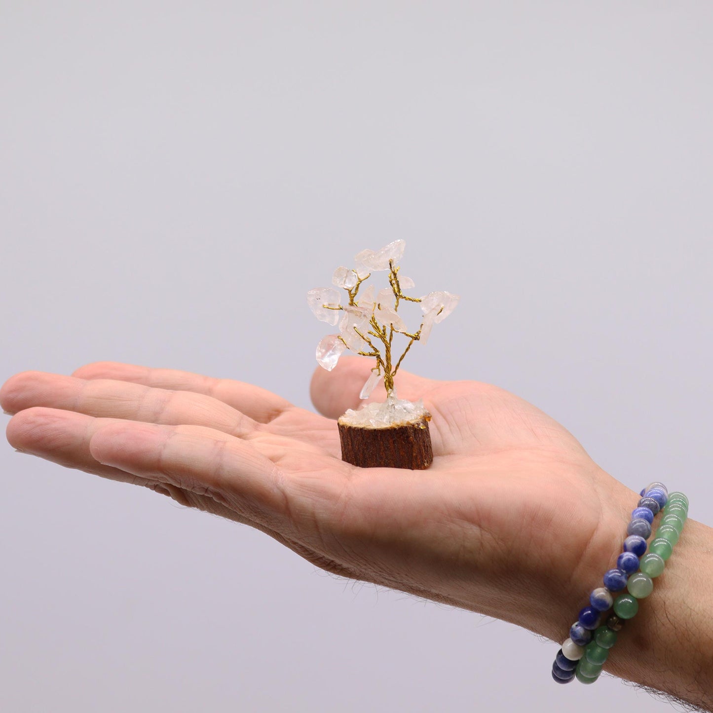 Mini Rock Quartz crystal tree on natural wood base – 6cm high with 15 healing crystals