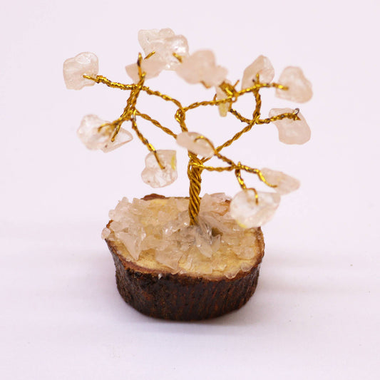 Mini Rock Quartz crystal tree on natural wood base – 6cm high with 15 healing crystals