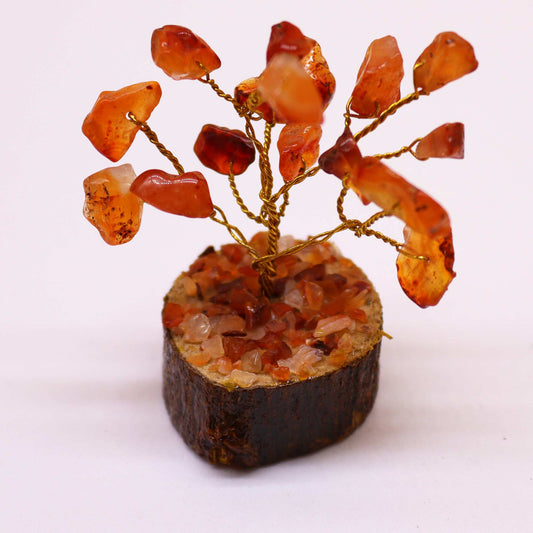 Mini Carnelian crystal tree on natural wood base – 6cm high with 15 healing crystals