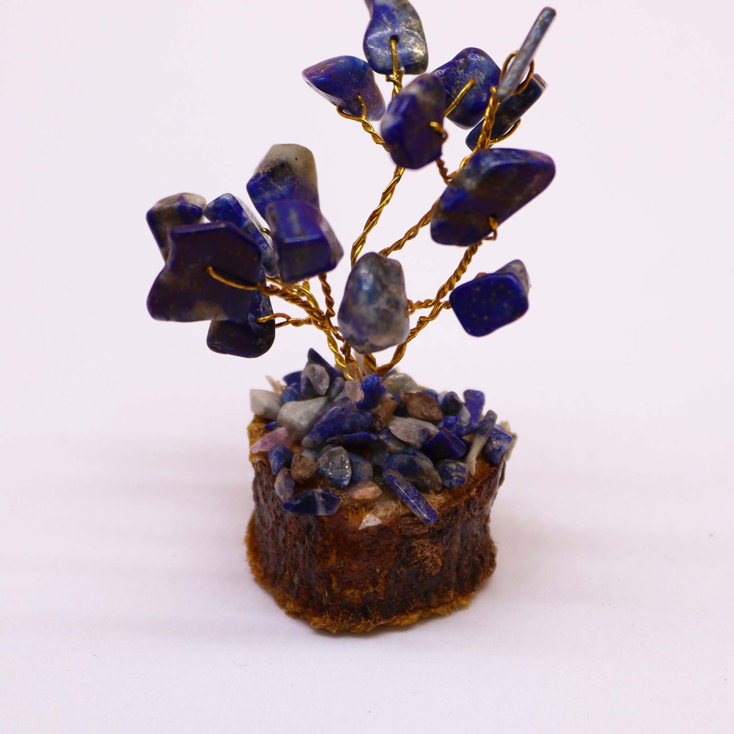 Mini Sodalite crystal tree on natural wood base – 6cm high with 15 healing crystals