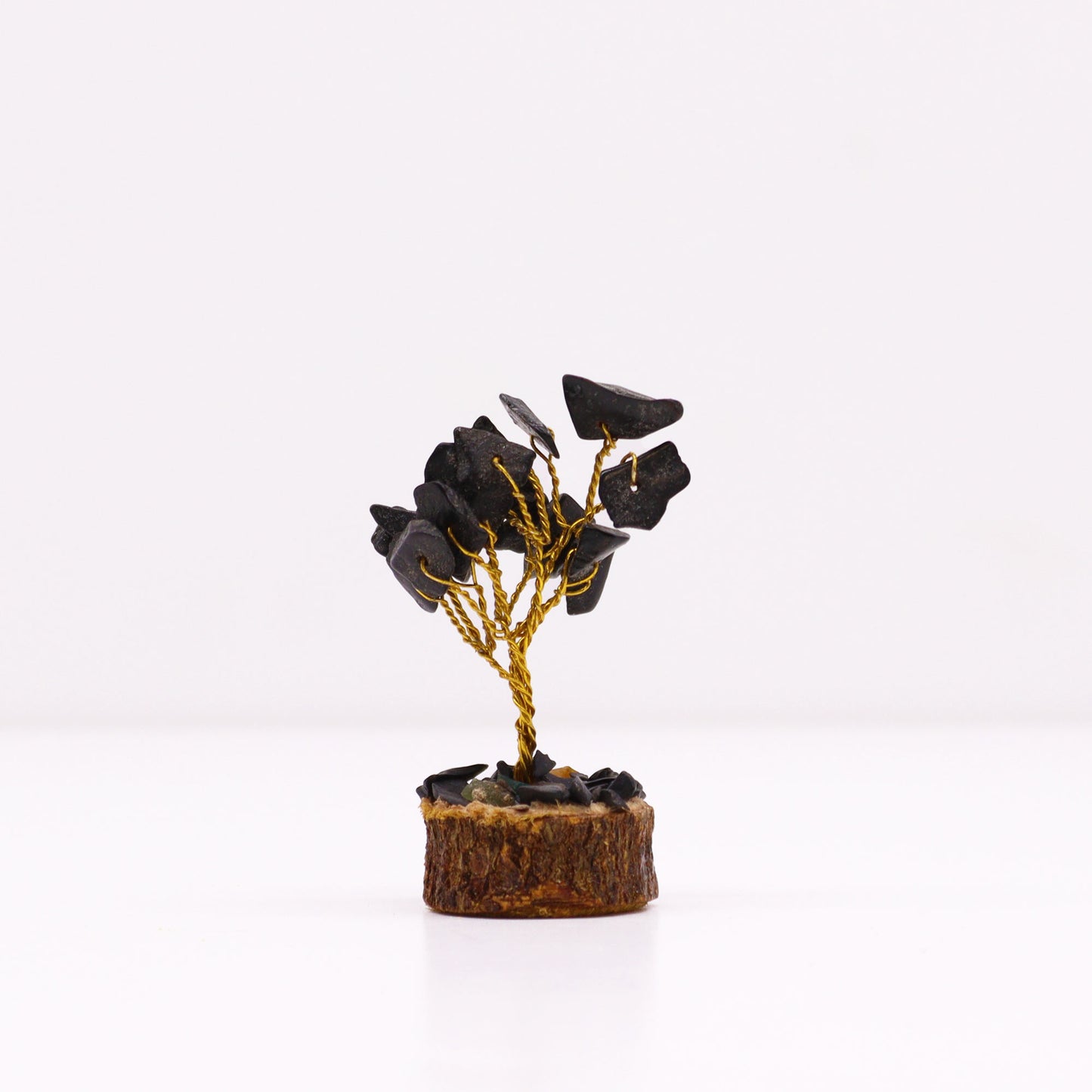 Mini Black Agate crystal tree on natural wood base – 6cm high with 15 healing crystals