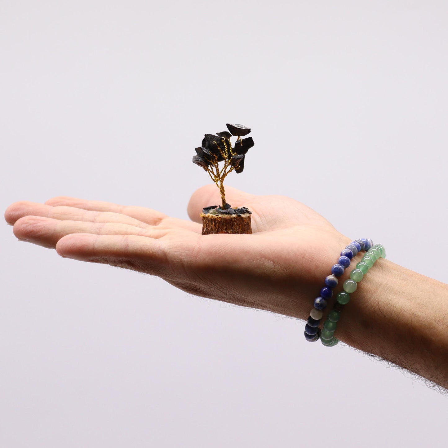 Mini Black Agate crystal tree on natural wood base – 6cm high with 15 healing crystals