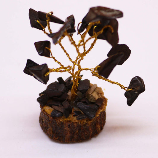Mini Black Agate crystal tree on natural wood base – 6cm high with 15 healing crystals