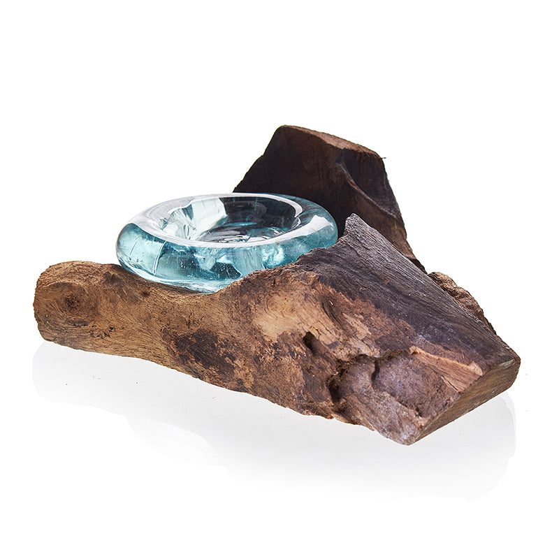 Hand-blown molten glass tea light holder on natural wood base – handmade in Bali
