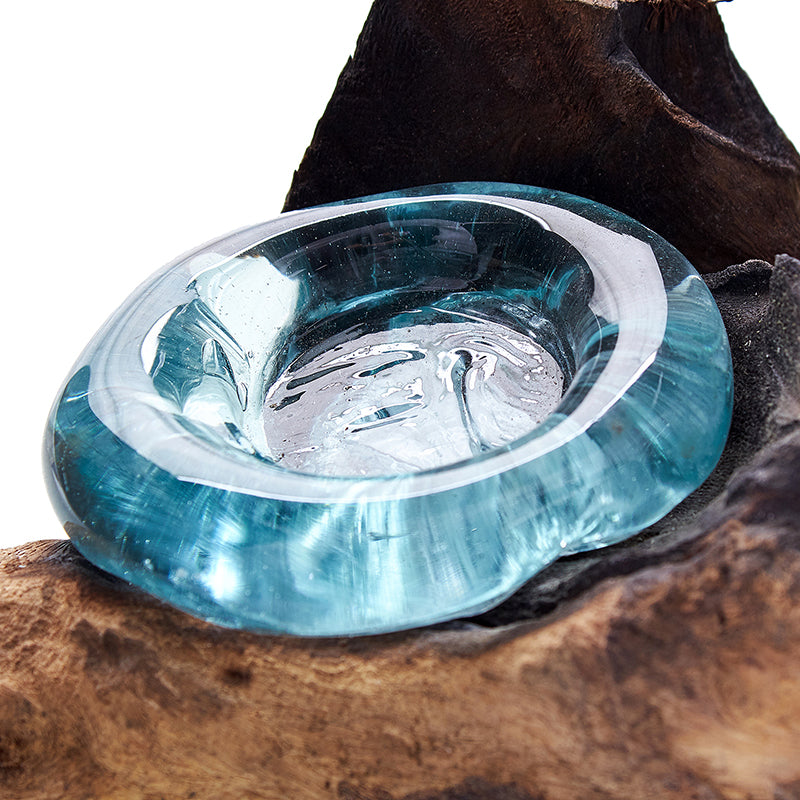 Hand-blown molten glass tea light holder on natural wood base – handmade in Bali
