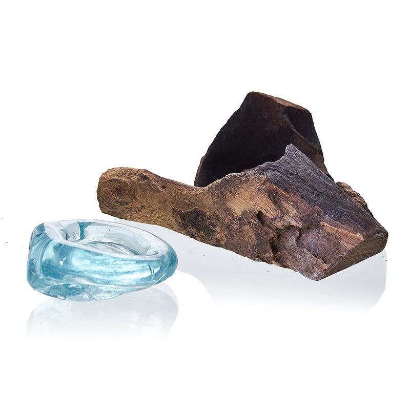 Hand-blown molten glass tea light holder on natural wood base – handmade in Bali