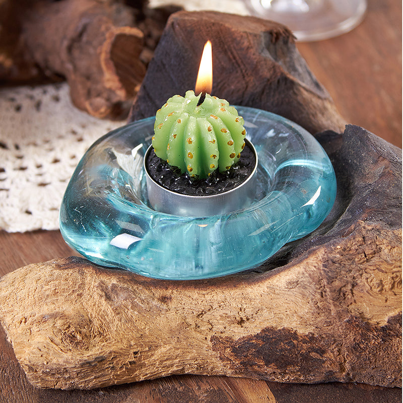 Hand-blown molten glass tea light holder on natural wood base – handmade in Bali