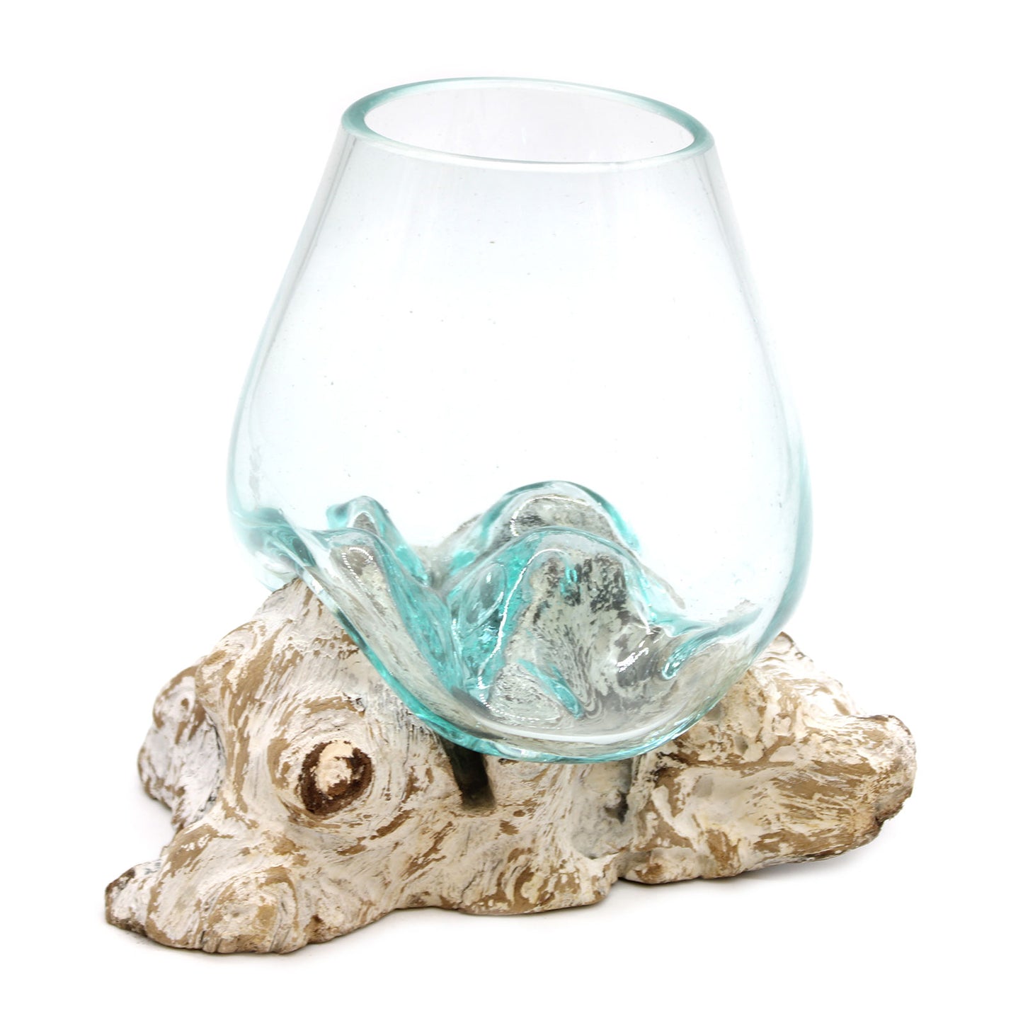 Molten glass bowl on whitewashed wood base – handcrafted Balinese decor