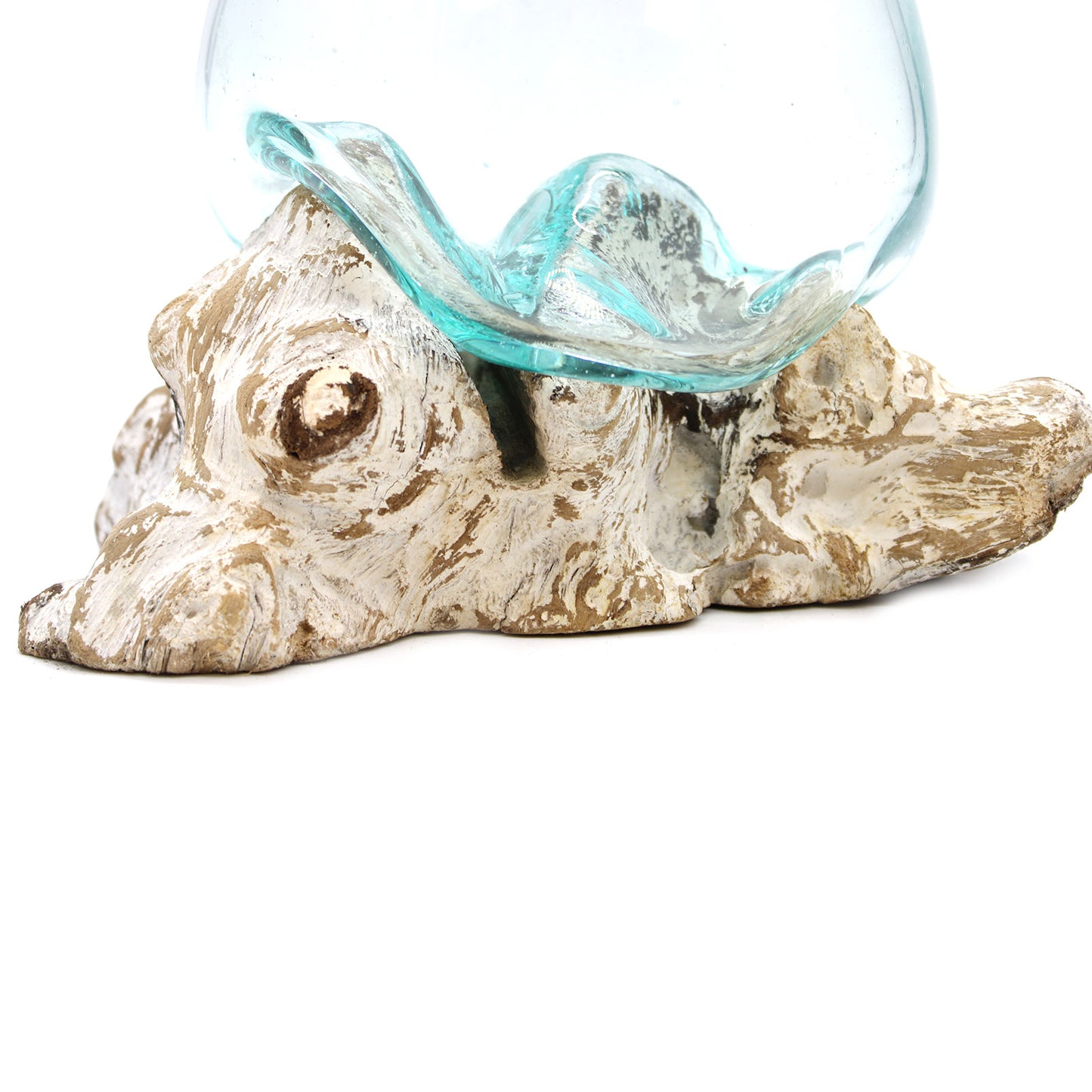 Molten glass bowl on whitewashed wood base – handcrafted Balinese decor