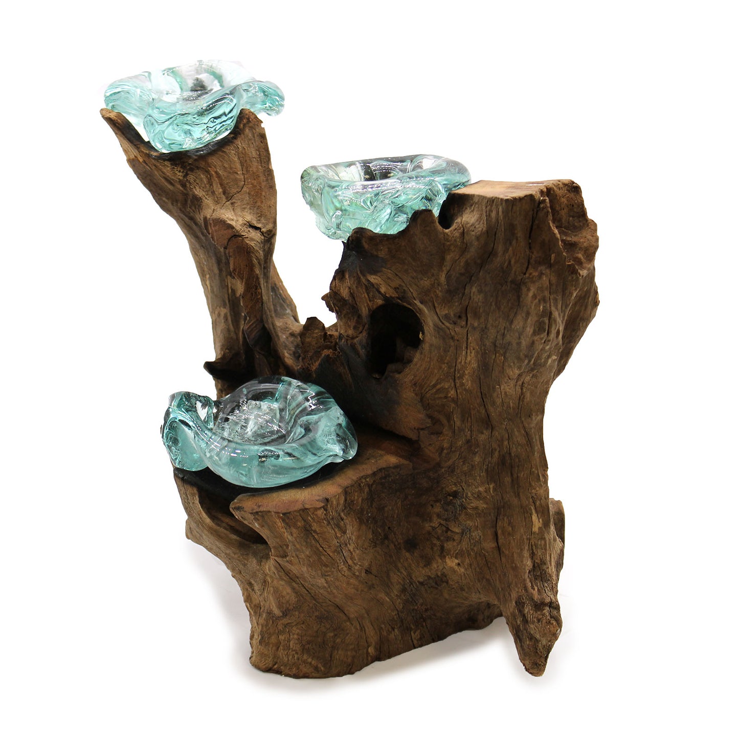 Molten glass and wood three candle holder with hand-poured tealight vessels resting on natural Balinese Gamal wood.
