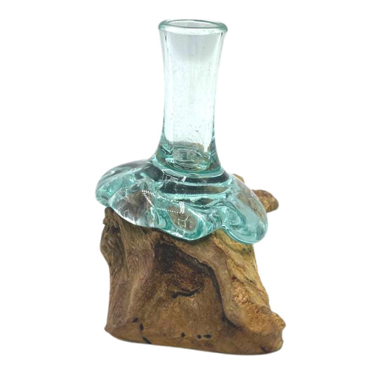 Molten glass small flower vase on handcrafted wood base – eco-friendly Bali decor