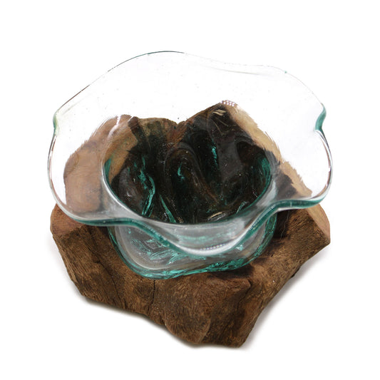 Hand-blown molten glass sweet bowl on rustic wood base – Bali artisan decor
