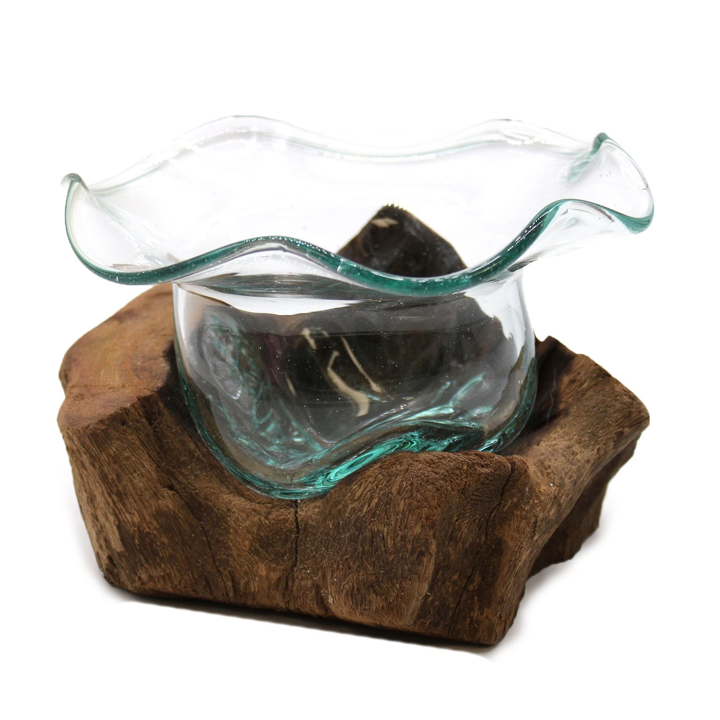 Hand-blown molten glass sweet bowl on rustic wood base – Bali artisan decor