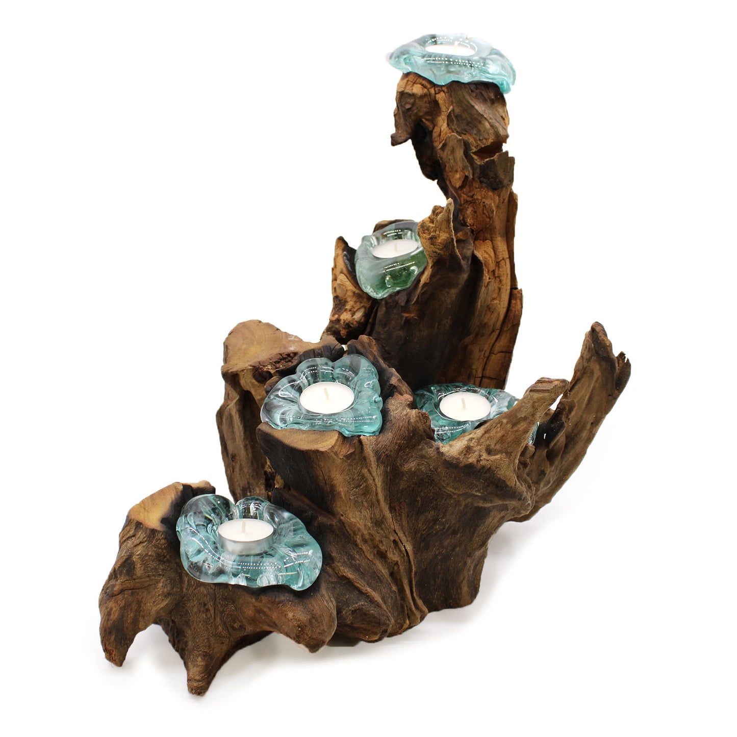 Molten glass and wood five candle holder with hand-blown tealight vessels on natural Balinese wood.