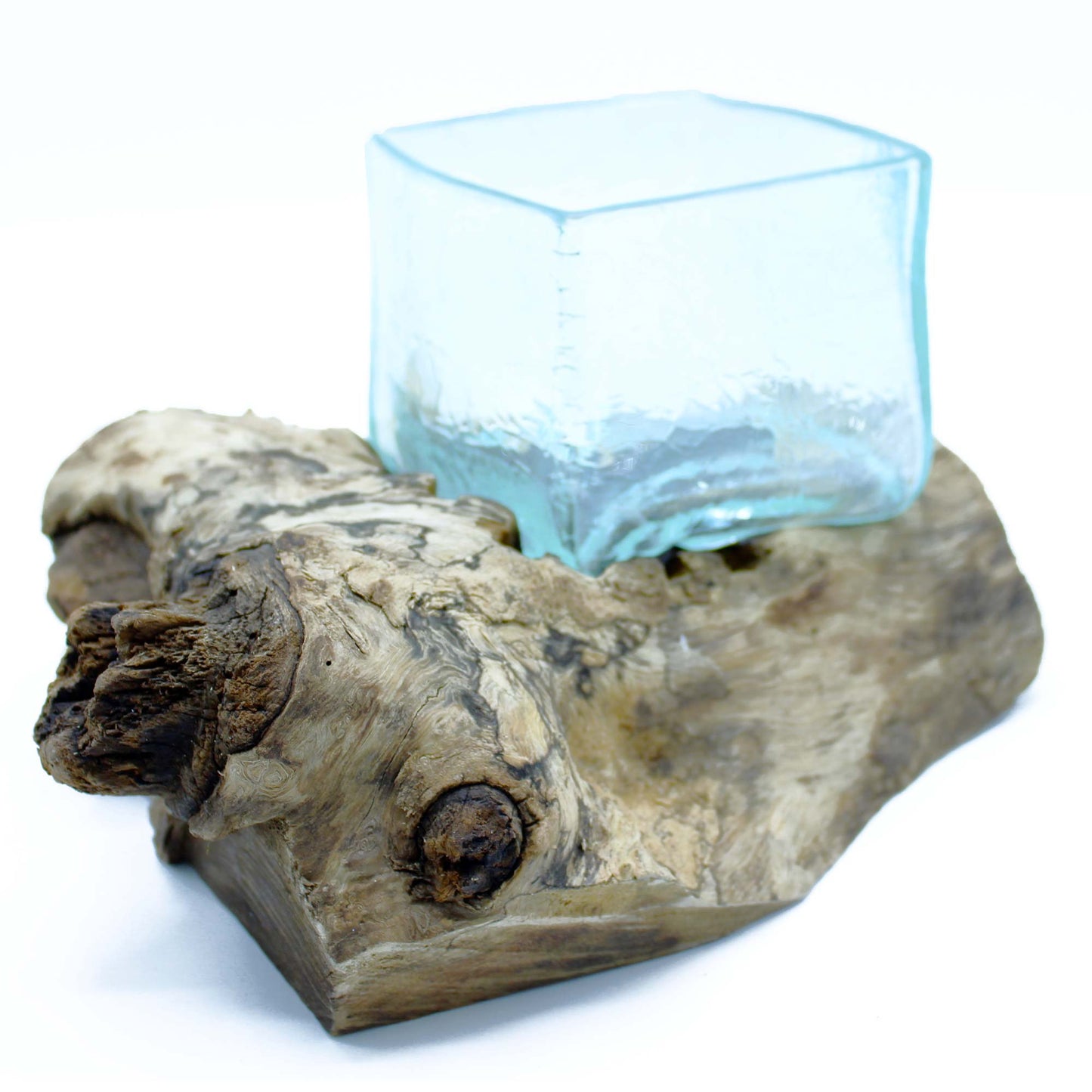 Molten crackled glass tank on handcrafted Gamal wood base – Bali decor