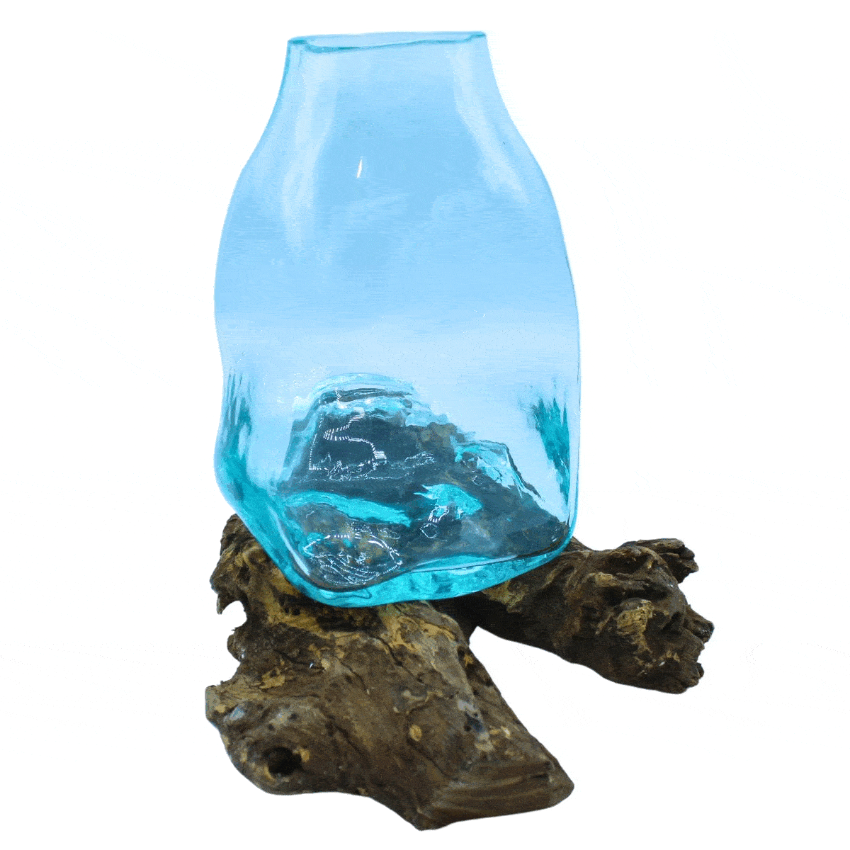 Large molten glass terrarium vase on Gamal wood base – handmade in Bali