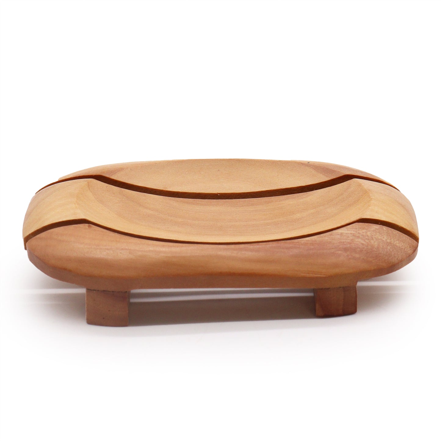 Mahogany wood soap dish with oval basin and rectangular shape with raised feet
