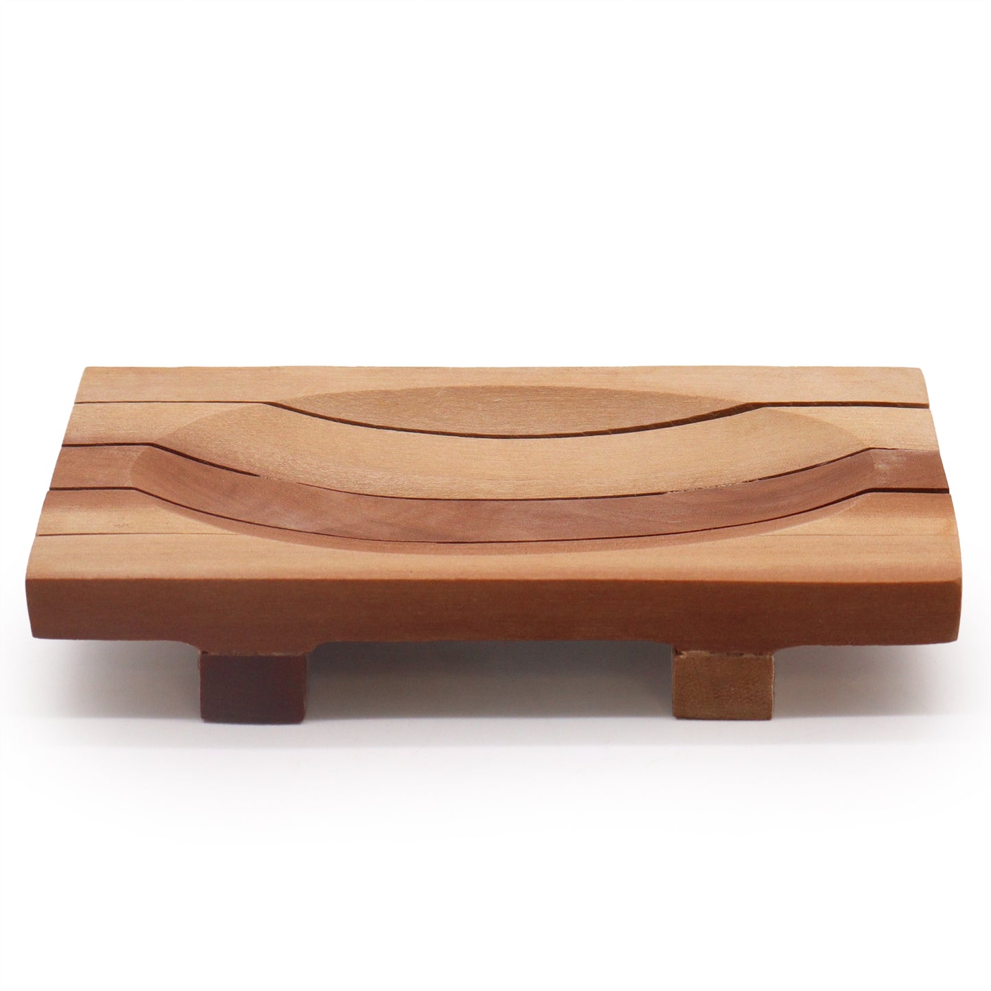 Rectangular mahogany wood soap dish with curved basin and drainage grooves
