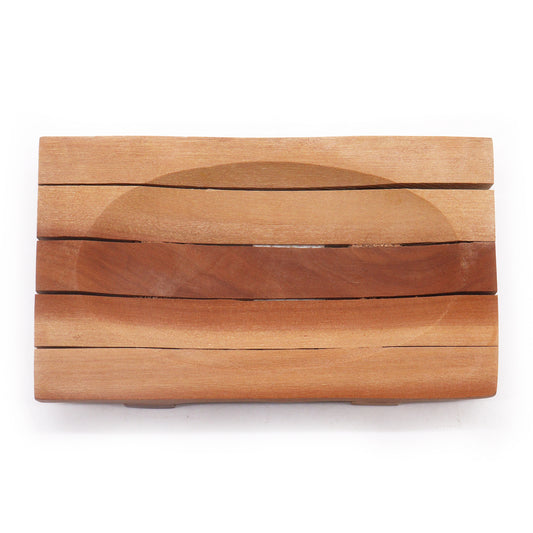 Rectangular mahogany wood soap dish with curved basin and drainage grooves