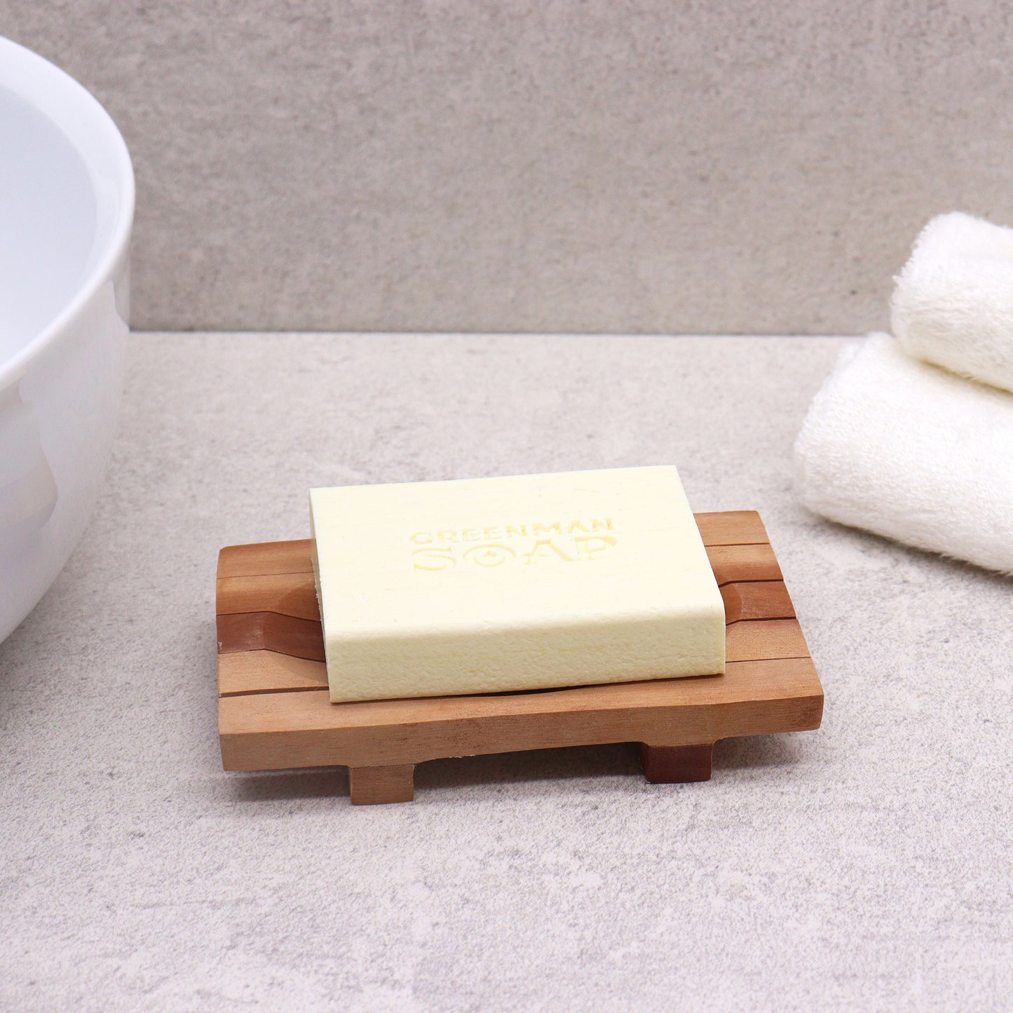 Rectangular mahogany wood soap dish with curved basin and drainage grooves