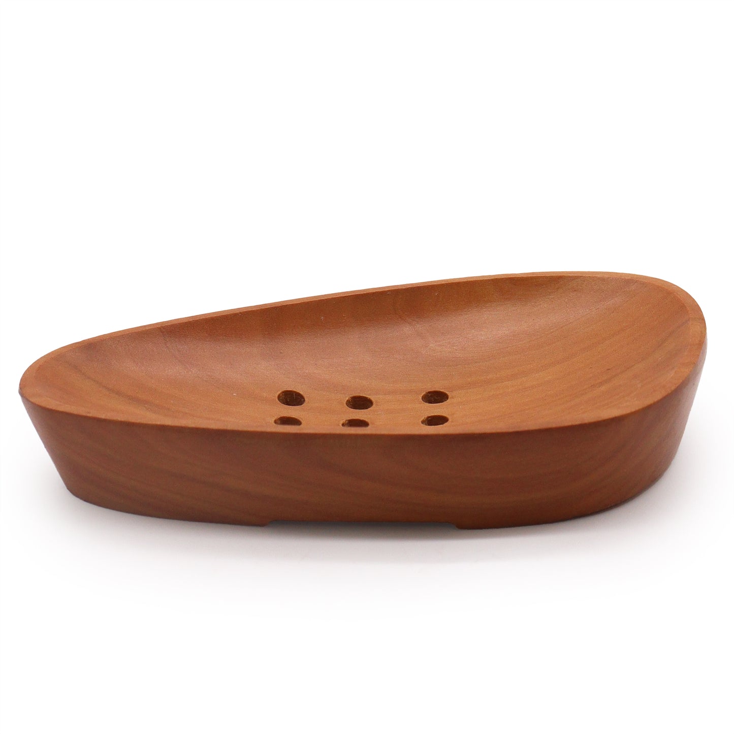 Pebble shaped mahogany soap dish with drainage holes