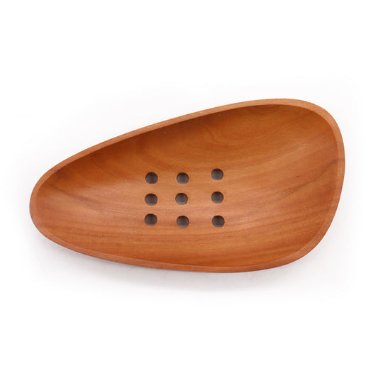 Pebble shaped mahogany soap dish with drainage holes