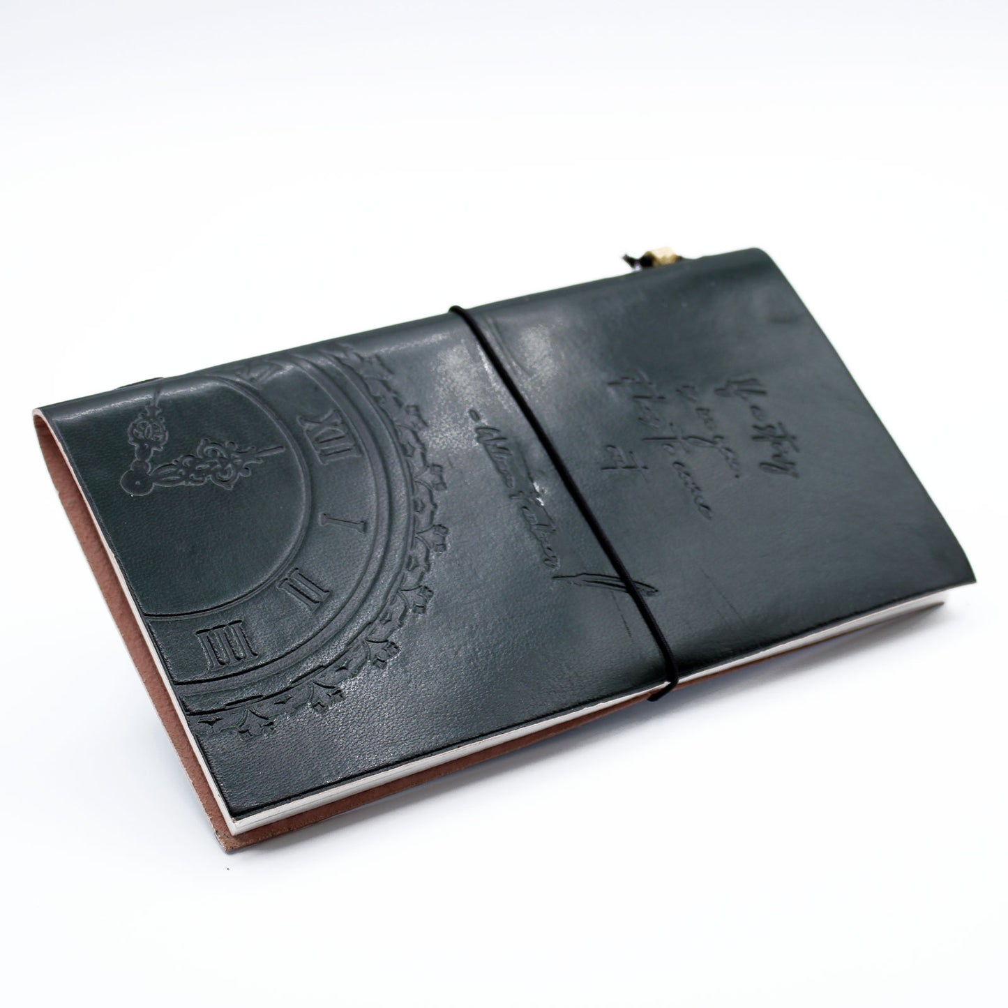 Dark green leather journal with embossed quote and vintage script design