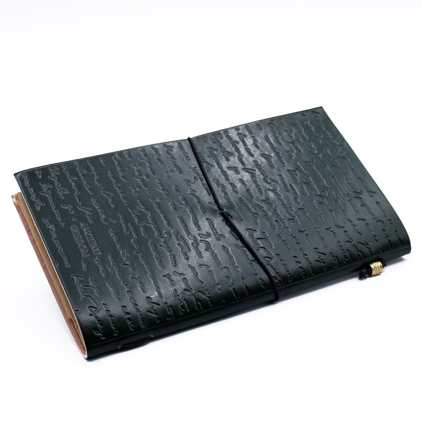Dark green leather journal with embossed quote and vintage script design