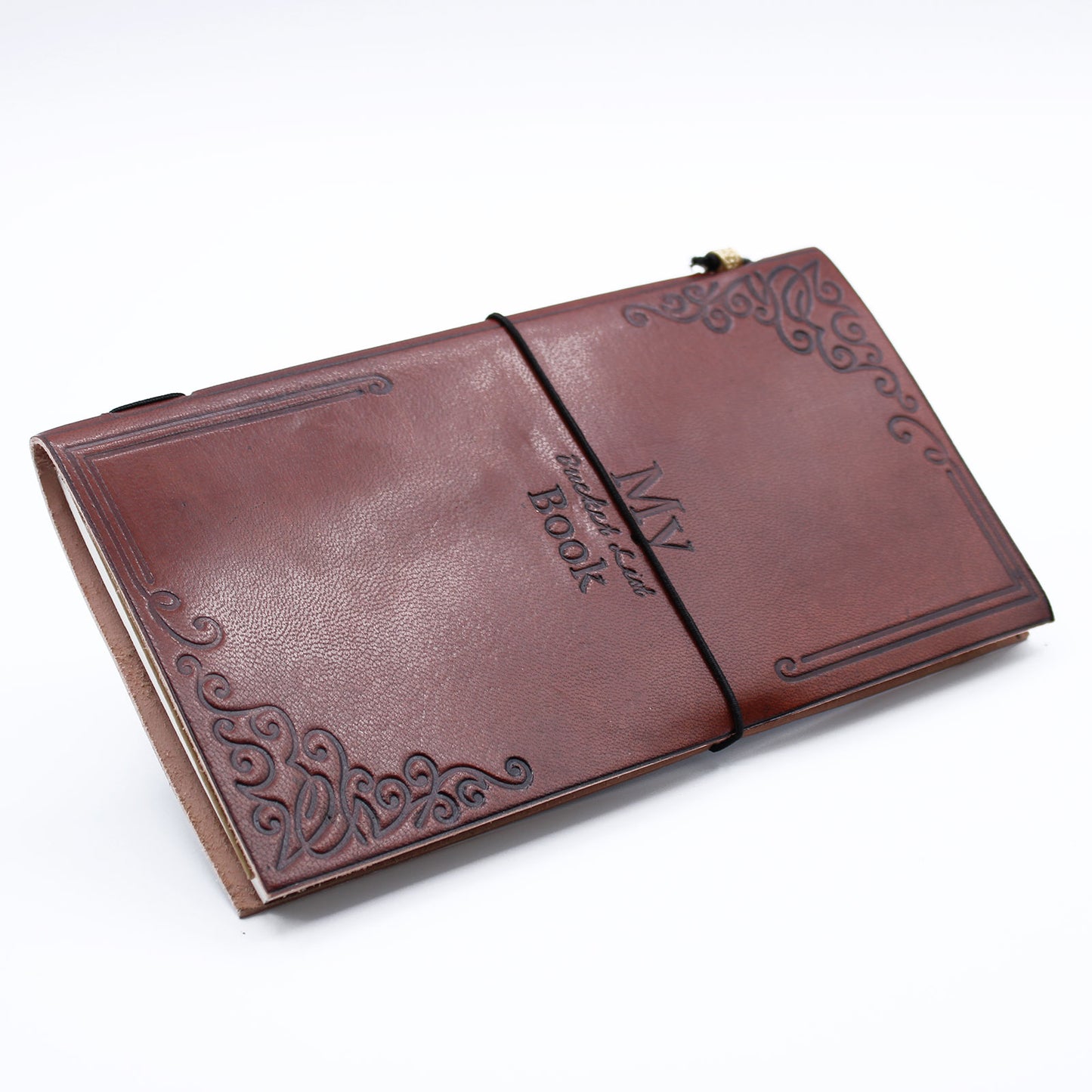 My Bucket List Book leather journal with wrap band and embossed design