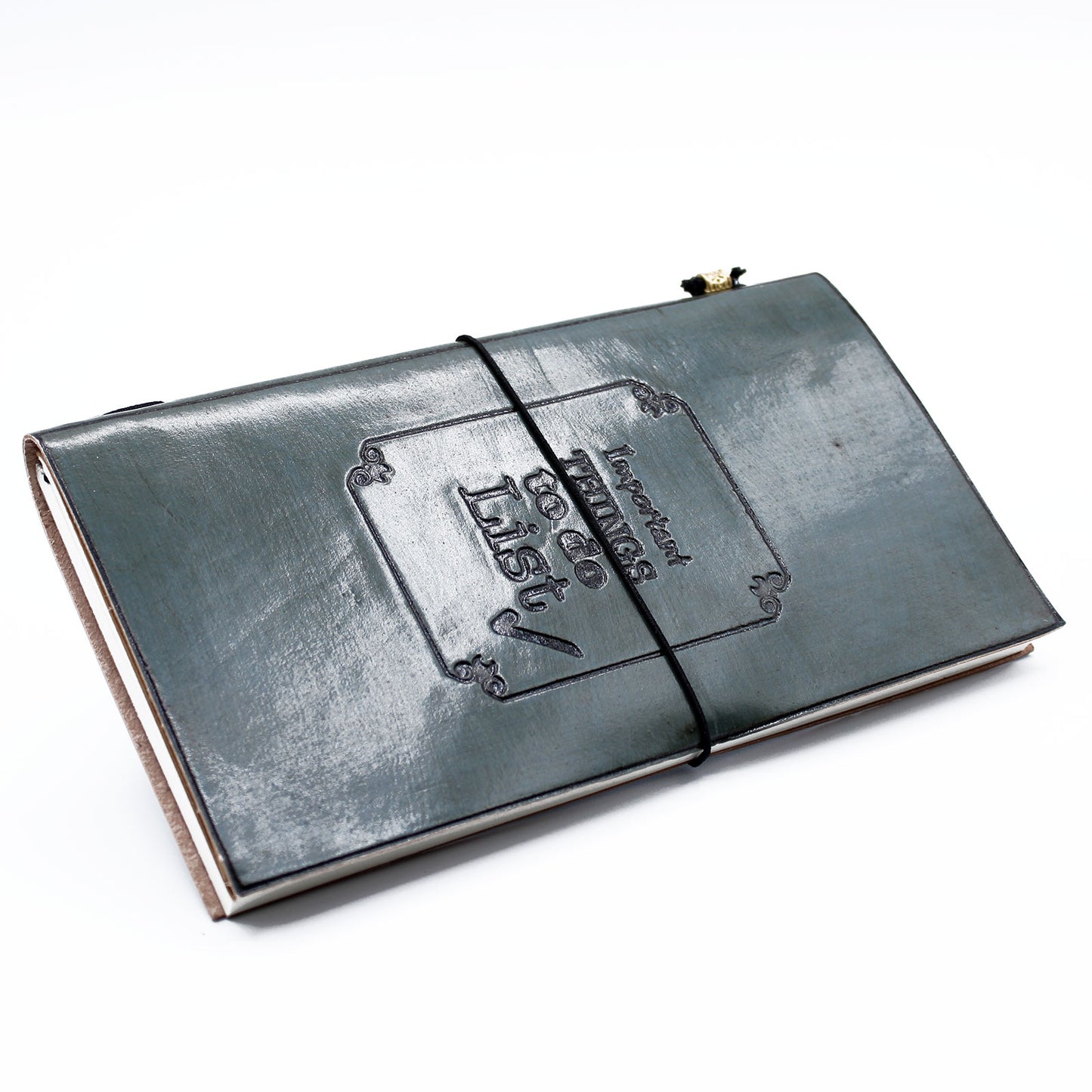 Grey Handmade Leather Journal with "Important Things To Do" embossed cover and wrap-around band.