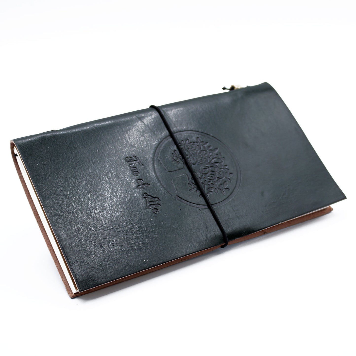 Tree of Life Handmade Leather Journal in Dark Green with embossed design and wrap-around band.