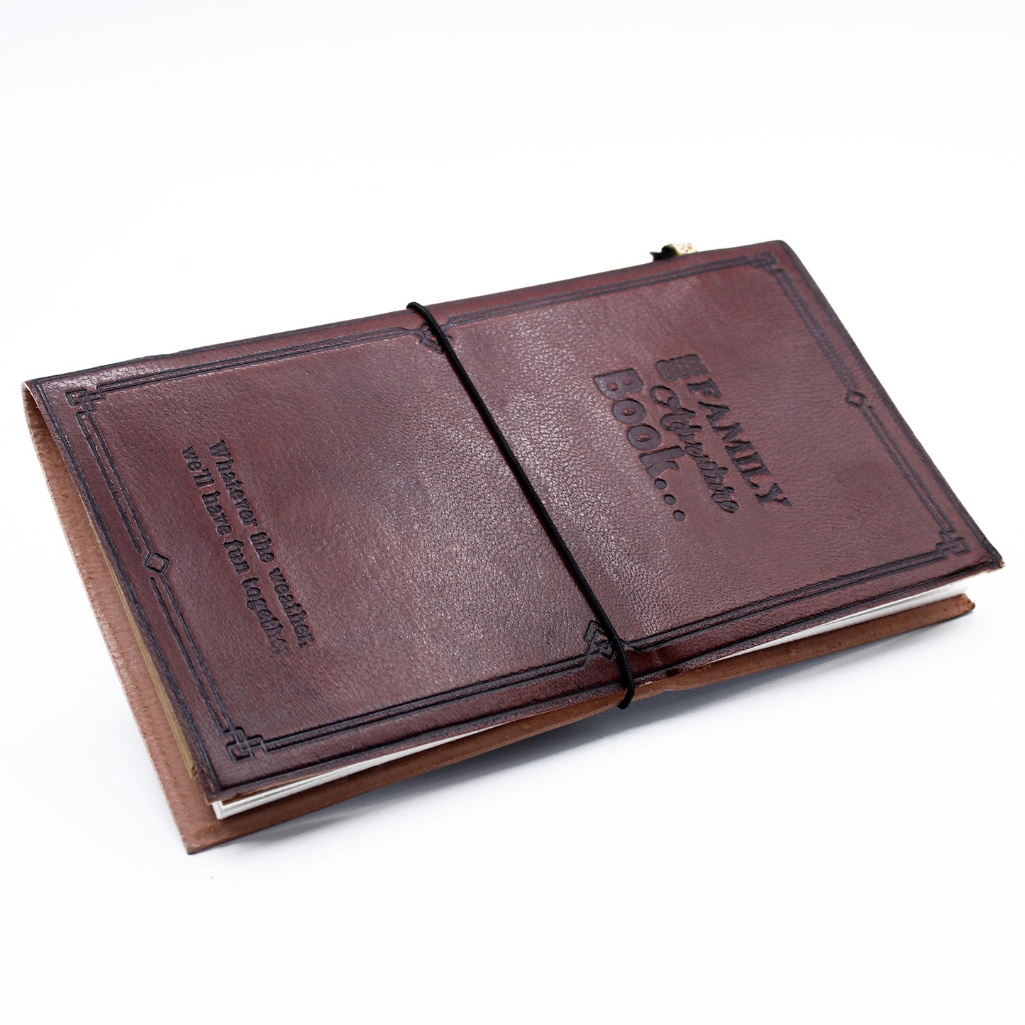 Handmade leather journal with embossed family quote and sailing ship design