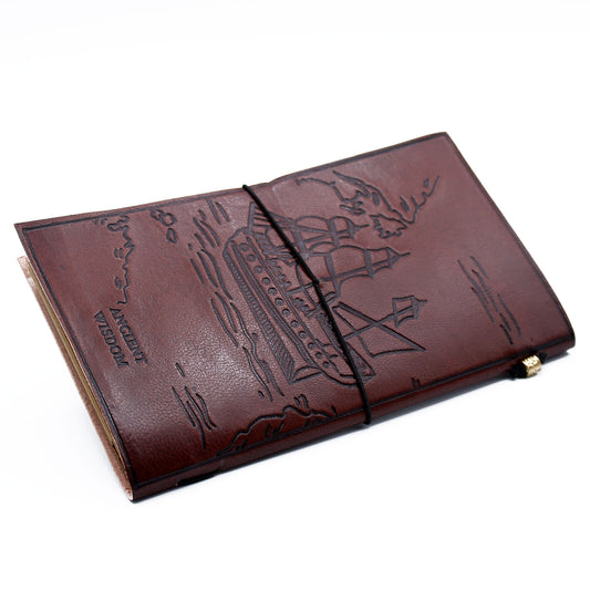Handmade leather journal with embossed family quote and sailing ship design
