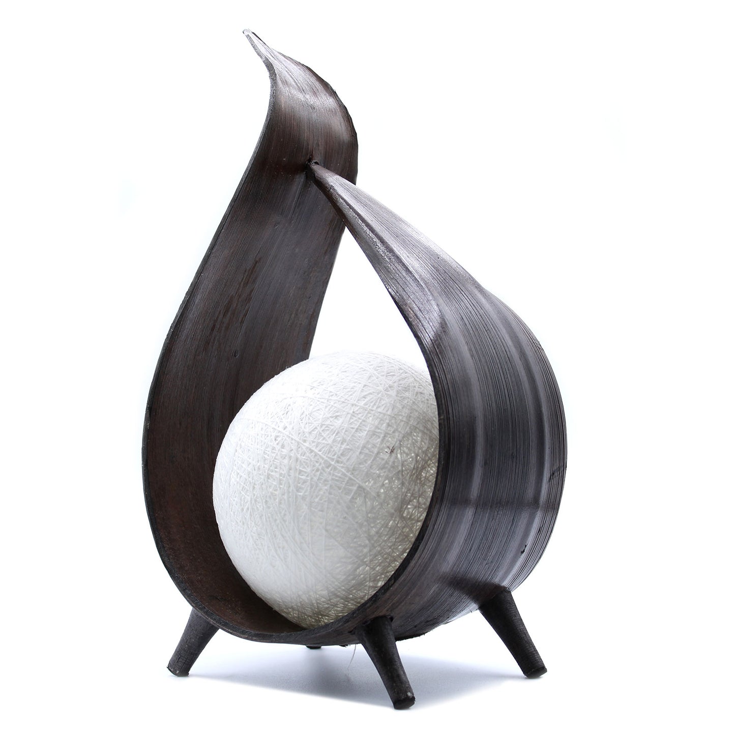Natural Coconut Leaf Lamp in chocolate wrapover twist design with cotton ball shade and four wooden legs