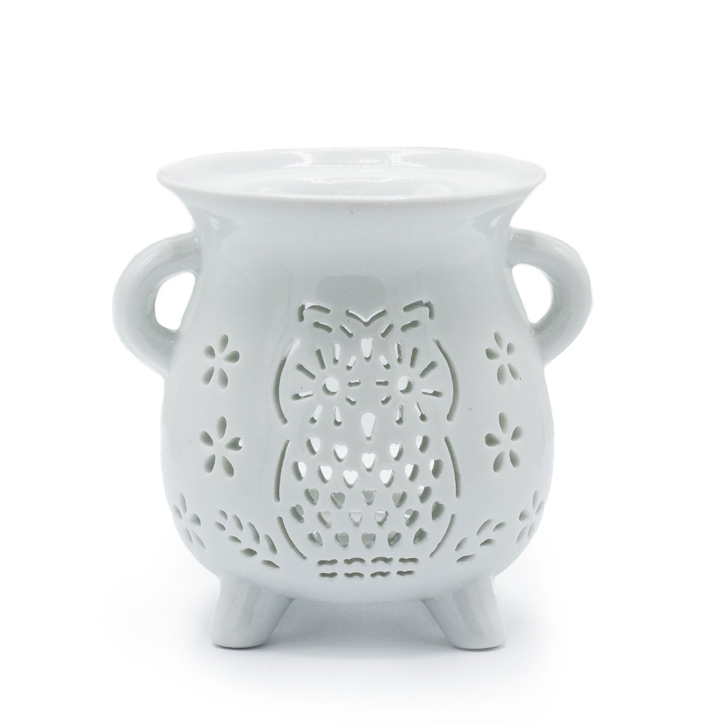 White ceramic cauldron oil burner with owl and floral cut-out design, ideal for essential oils and tealights