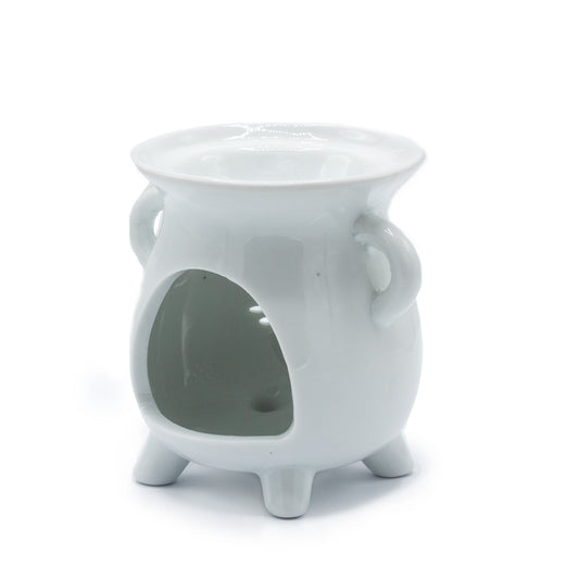 White ceramic cauldron oil burner with Tree of Life cut-out design, ideal for essential oils and tealights