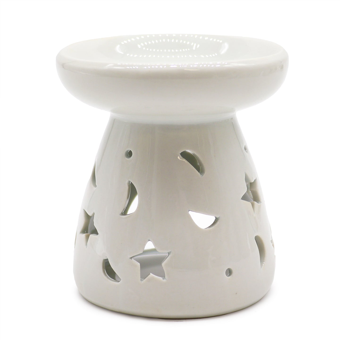 9cm gloss white ceramic oil burner with star and moon cutout design