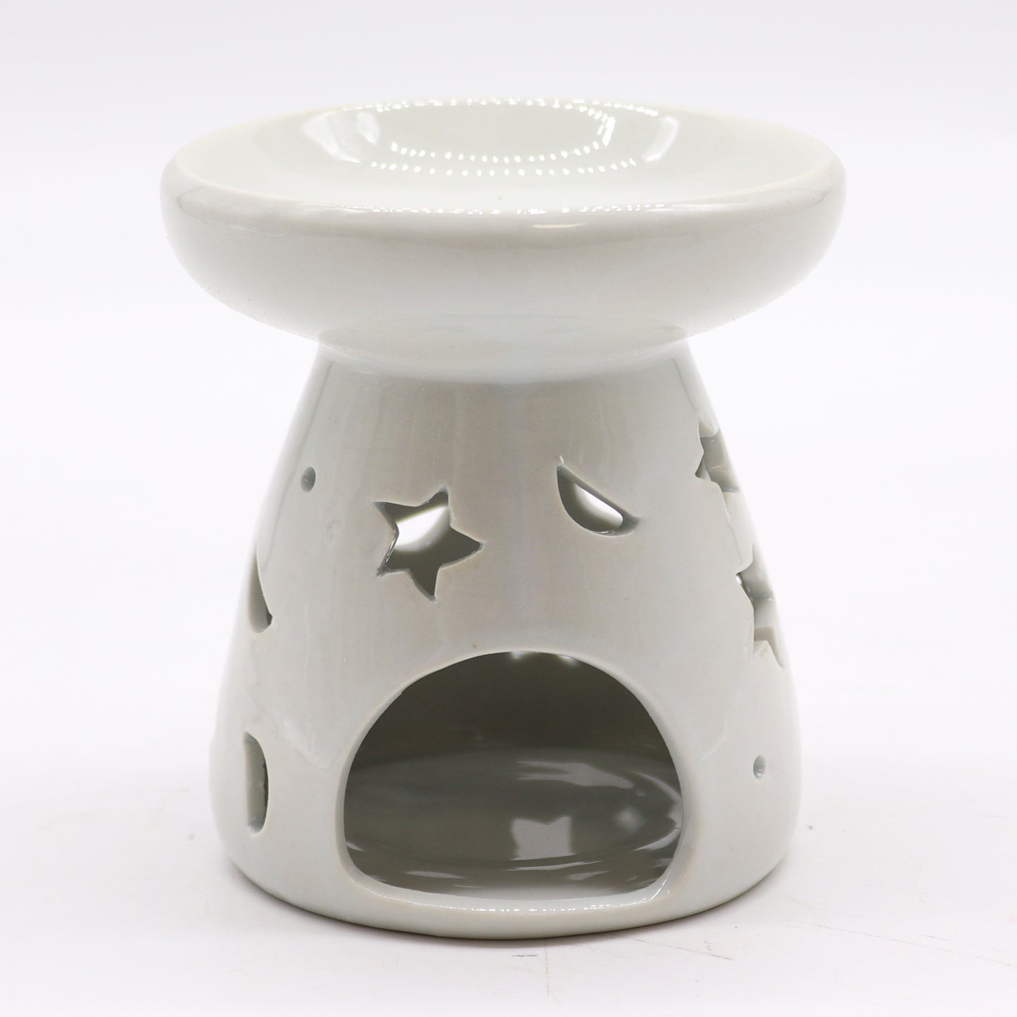 9cm gloss white ceramic oil burner with star and moon cutout design