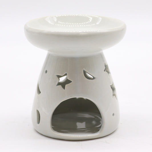 9cm gloss white ceramic oil burner with star and moon cutout design