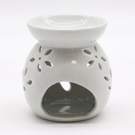10cm white ceramic oil burner with Tree of Life cutout design and glossy finish