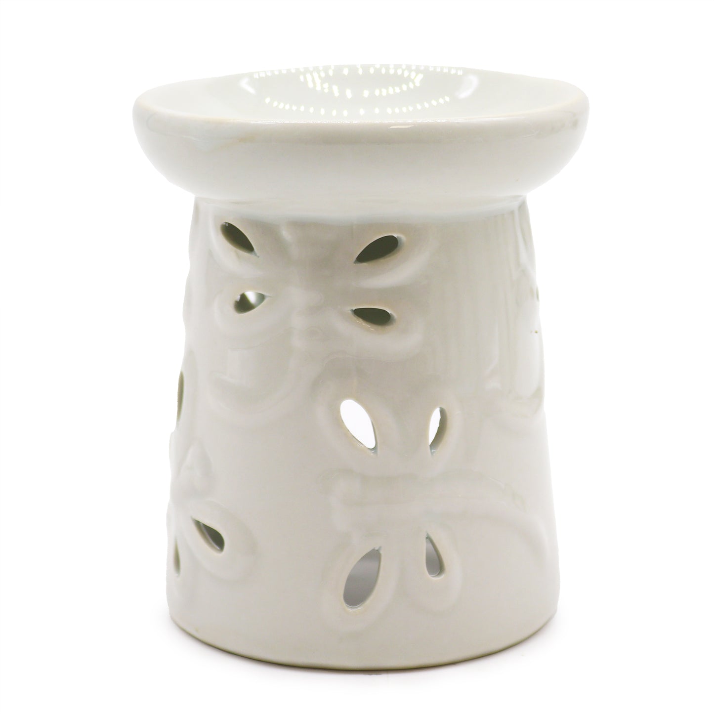 Gloss white ceramic oil burner with dragonfly cutout design – tall cylindrical shape