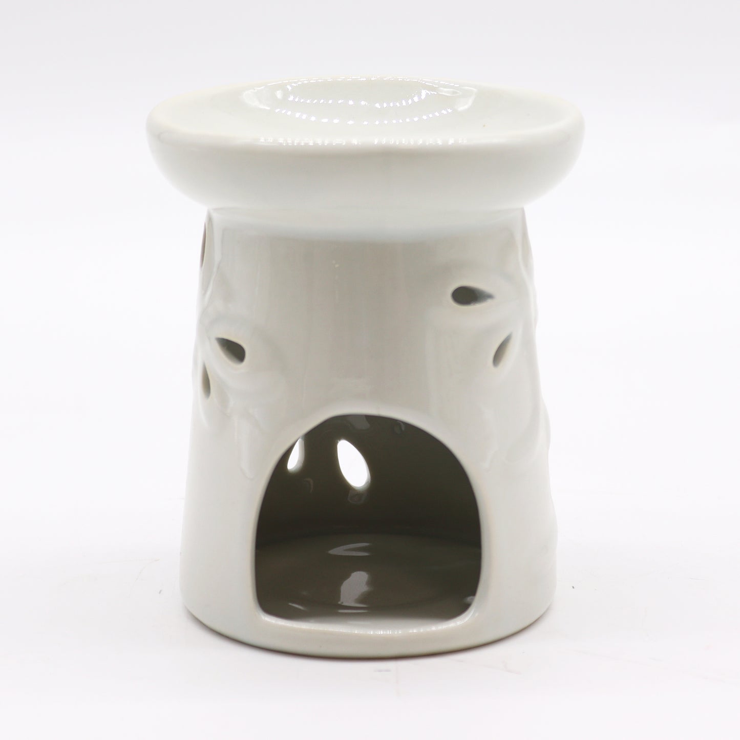 Gloss white ceramic oil burner with dragonfly cutout design – tall cylindrical shape