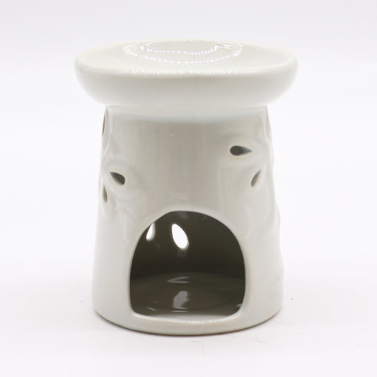 Gloss white ceramic oil burner with dragonfly cutout design – tall cylindrical shape