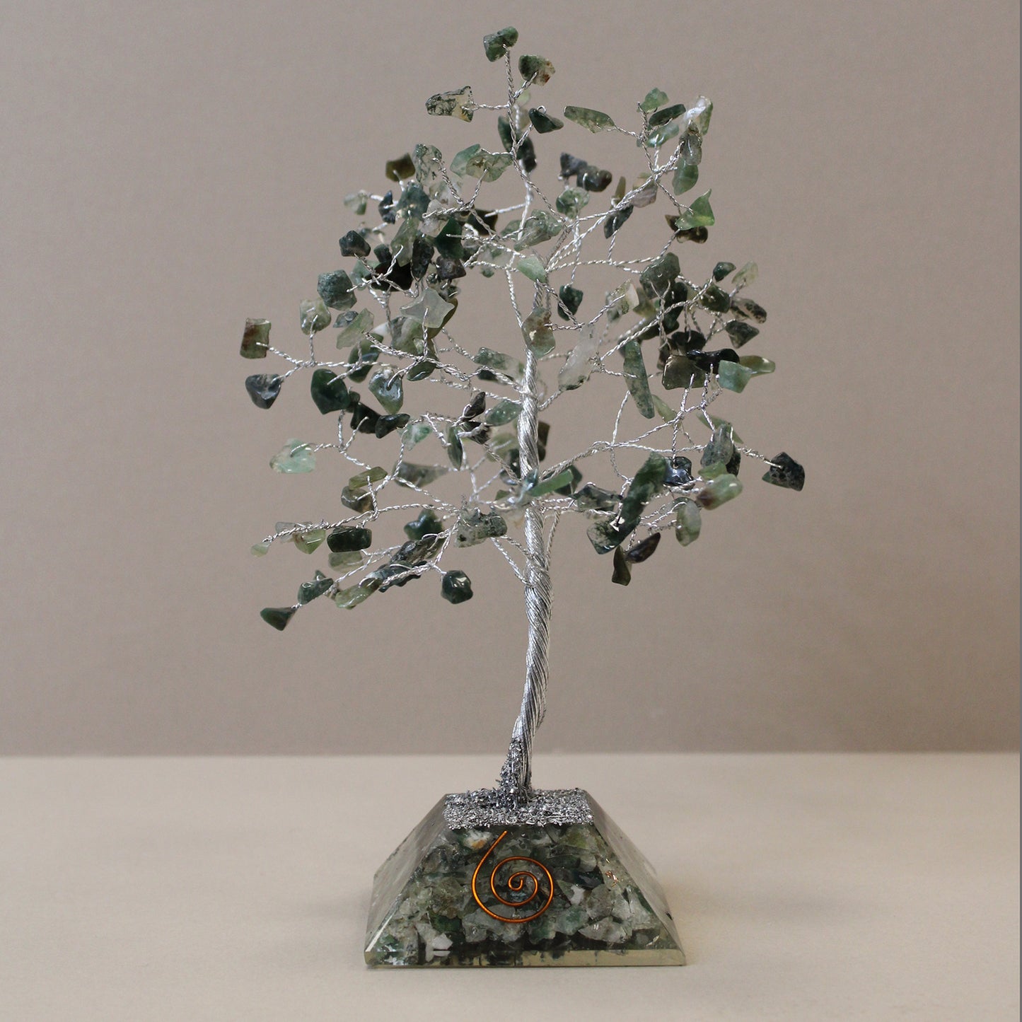 Moss Agate crystal tree with orgonite base – handmade with 160 stones of natural crystals