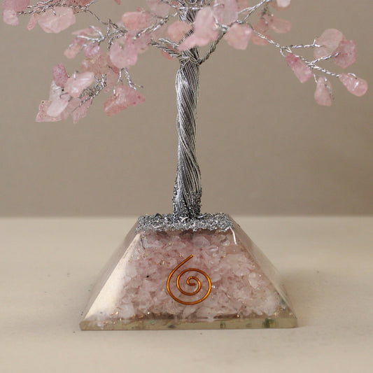 Rose Quartz crystal tree with orgonite base – handmade with 320 stones of natural crystals
