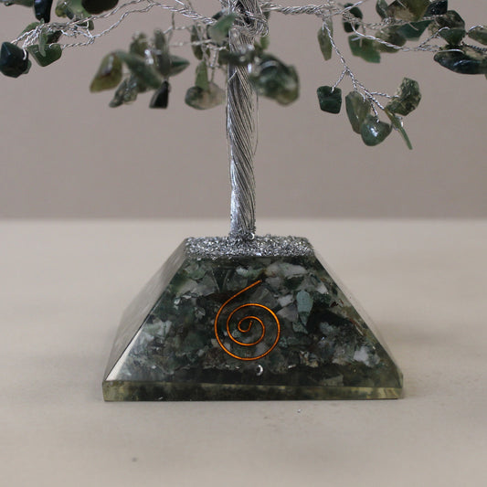 Moss Agate crystal tree with orgonite base – handmade with 320 stones of natural crystals